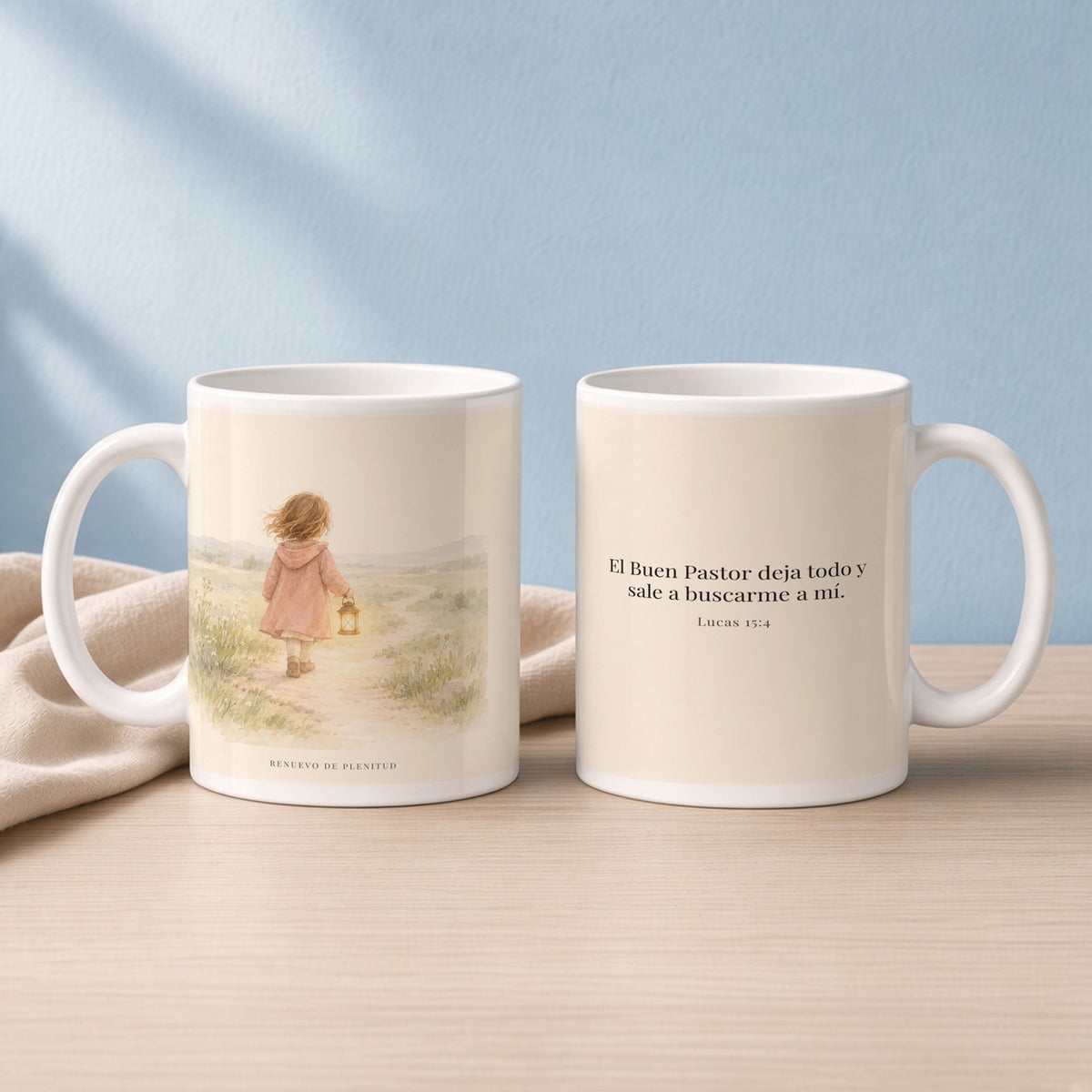 El Buen Pastor me busca a mí | Taza con arte cristiano | Lucas 15:4 — 15oz · Lectura azul sereno, arte y frase devocional en dos tazas