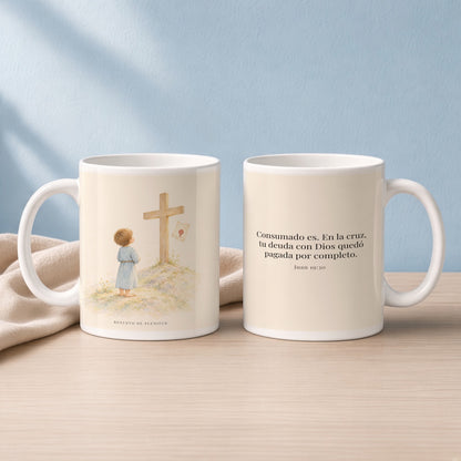 Consumado es: mi deuda quedó pagada | Taza cristiana con frase devocional | Juan 19:30 — 15oz · Lectura azul sereno, arte y frase devocional en dos tazas