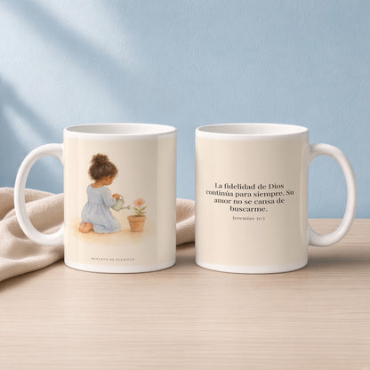 Tu fidelidad continúa para siempre | Taza cristiana con frase devocional | Jeremías 31:3 — 15oz · Lectura azul sereno, arte y frase devocional en dos tazas