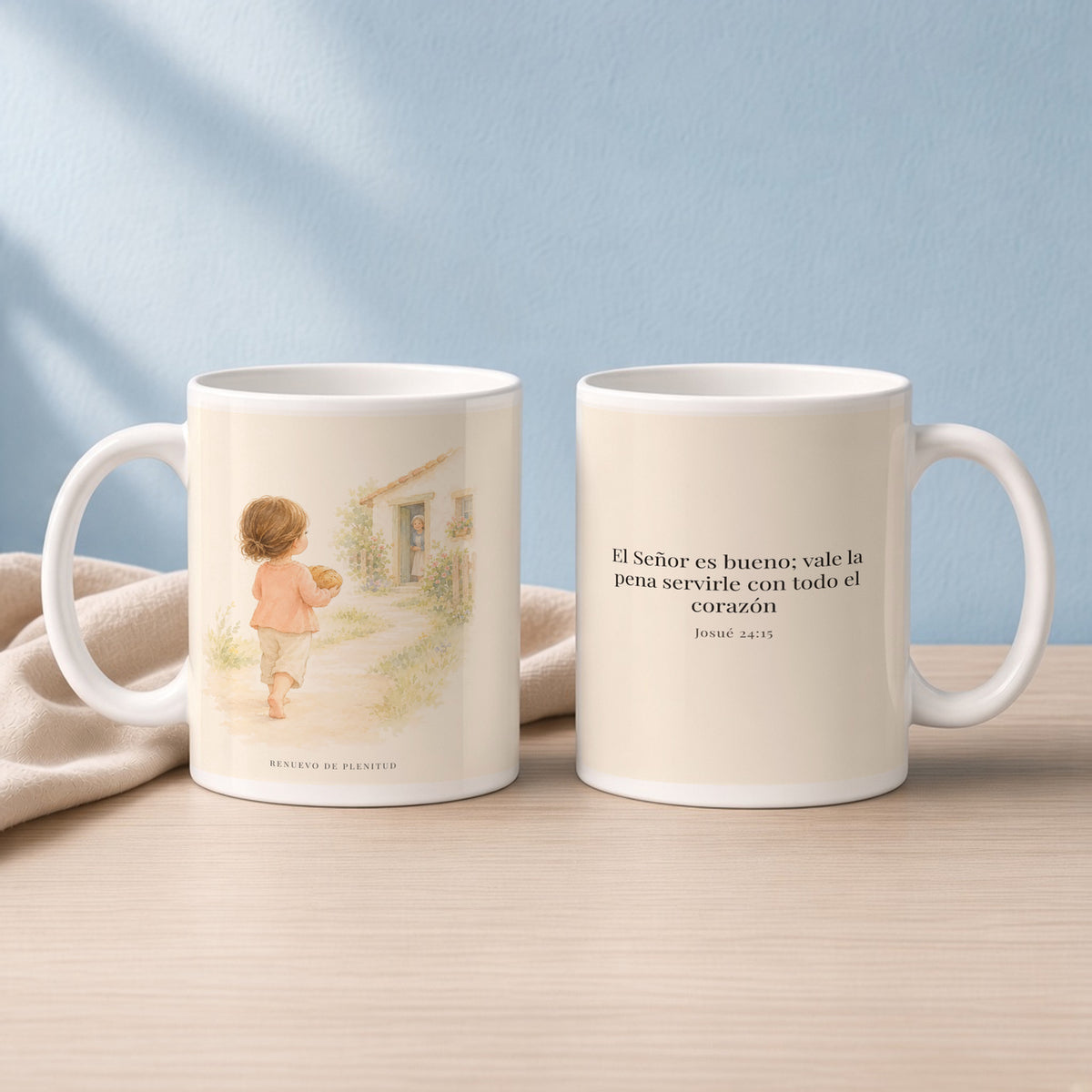 El Señor es bueno con quien lo sirve | Taza cristiana con frase devocional | Josué 24:15 — 15oz · Lectura azul sereno, arte y frase devocional en dos tazas