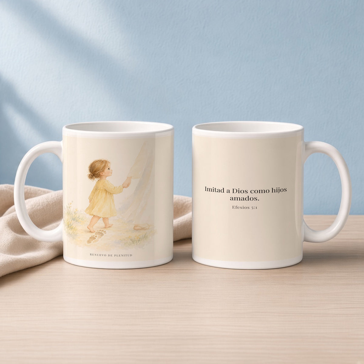 Imitad a Dios como hijos amados | Taza bíblica de cerámica | Efesios 5:1 — 15oz · Lectura azul sereno, arte y frase devocional en dos tazas