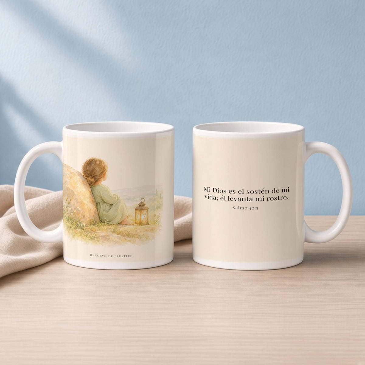 Dios es el sostén de mi vida | Taza de fe para cada mañana | Salmo 42:5 — 15oz · Lectura azul sereno, arte y frase devocional en dos tazas