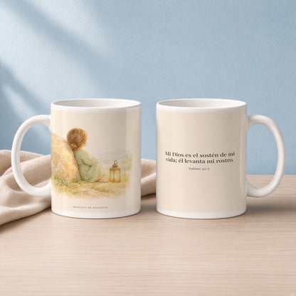Dios es el sostén de mi vida | Taza de fe para cada mañana | Salmo 42:5 — 15oz · Lectura azul sereno, arte y frase devocional en dos tazas
