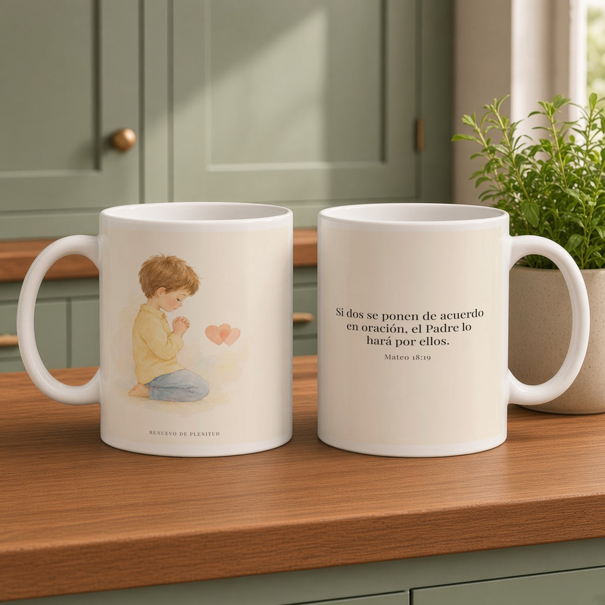 Donde dos se ponen de acuerdo | Taza devocional de fe | Mateo 18:19 — 15oz · Cocina verde salvia, arte y frase devocional en dos tazas