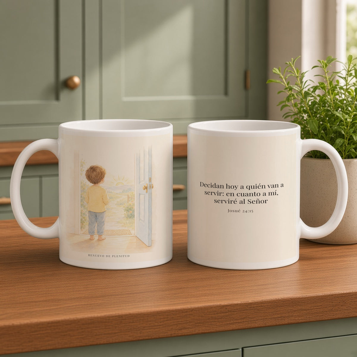 Decidan hoy a quién van a servir | Taza de fe para cada mañana | Josué 24:15 — 15oz · Cocina verde salvia, arte y frase devocional en dos tazas