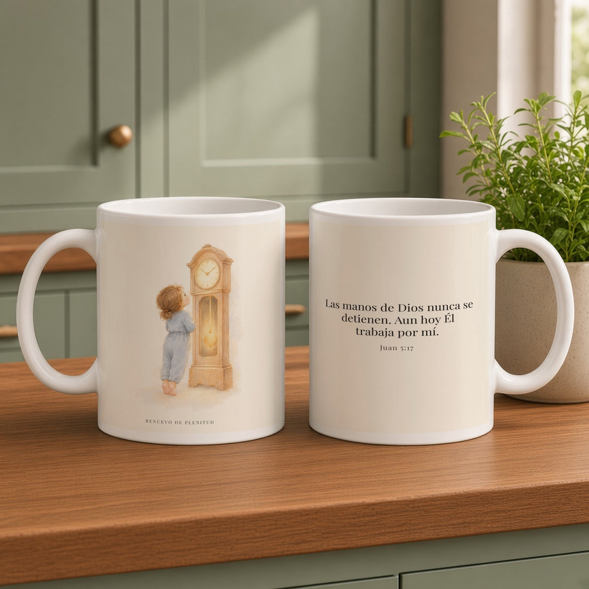 Las manos de Dios no se detienen por mí | Taza de fe para cada mañana | Juan 5:17 — 15oz · Cocina verde salvia, arte y frase devocional en dos tazas