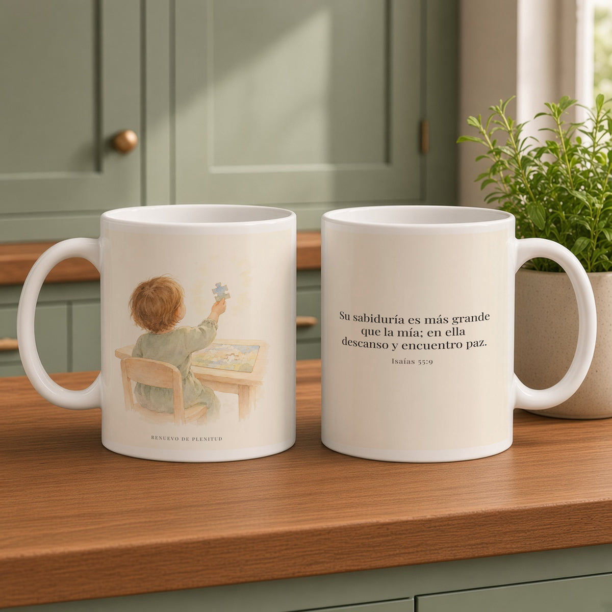 La sabiduría de Dios supera a la mía | Taza cristiana en dos tamaños | Isaías 55:9 — 15oz · Cocina verde salvia, arte y frase devocional en dos tazas