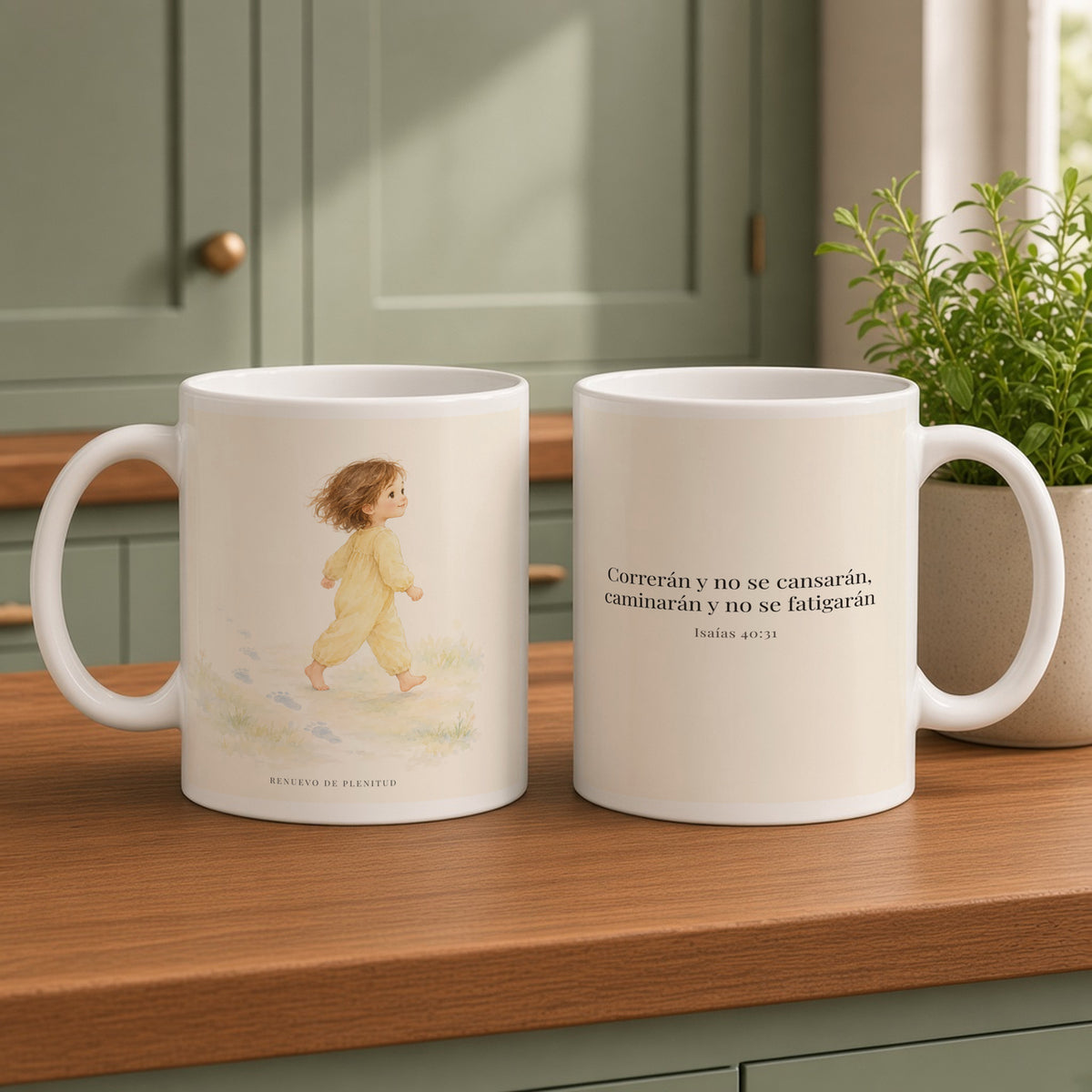 Correrán y no se cansarán | Taza devocional de fe | Isaías 40:31 — 15oz · Cocina verde salvia, arte y frase devocional en dos tazas