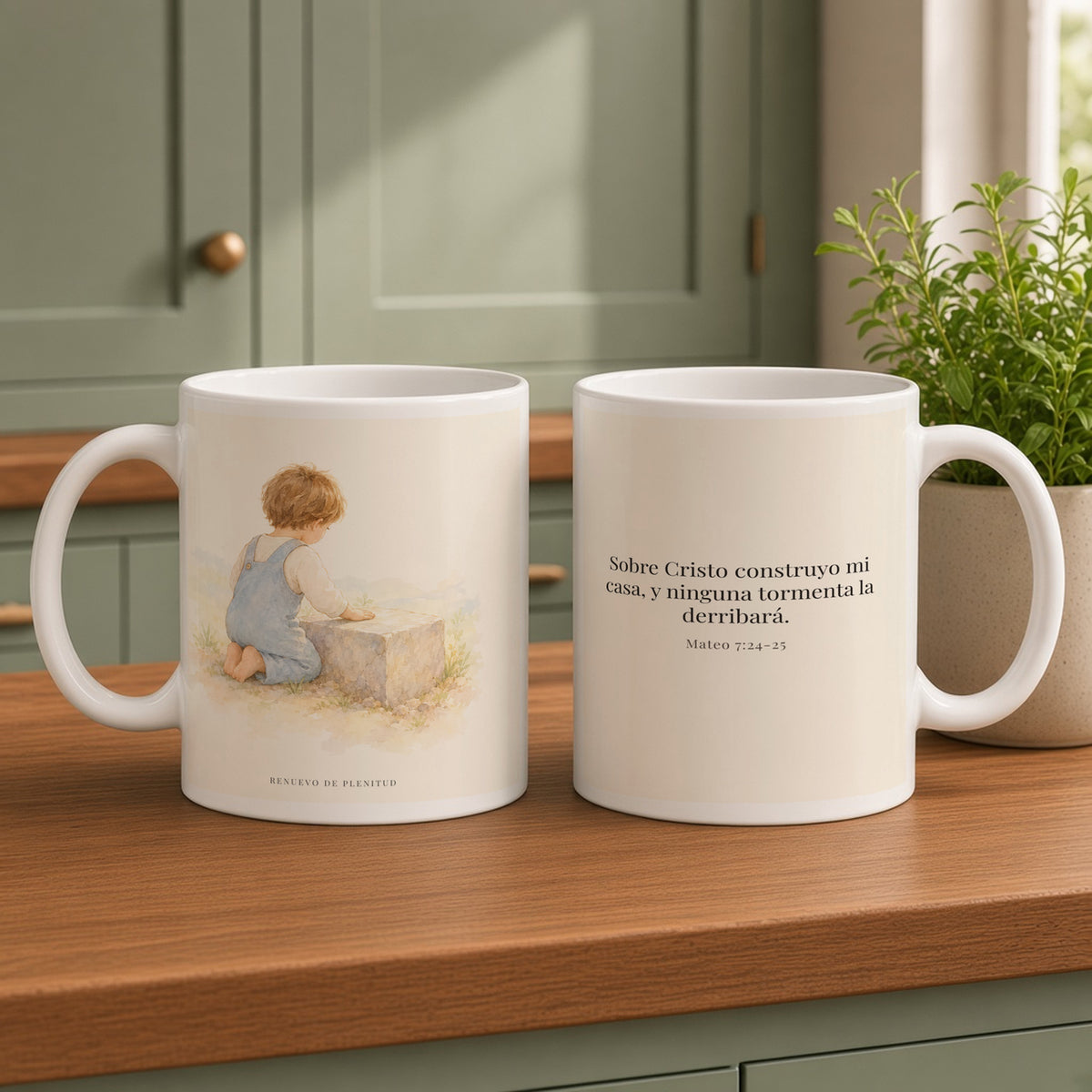 Sobre Cristo construyo mi casa | Taza bíblica de cerámica | Mateo 7:24-25 — 15oz · Cocina verde salvia, arte y frase devocional en dos tazas