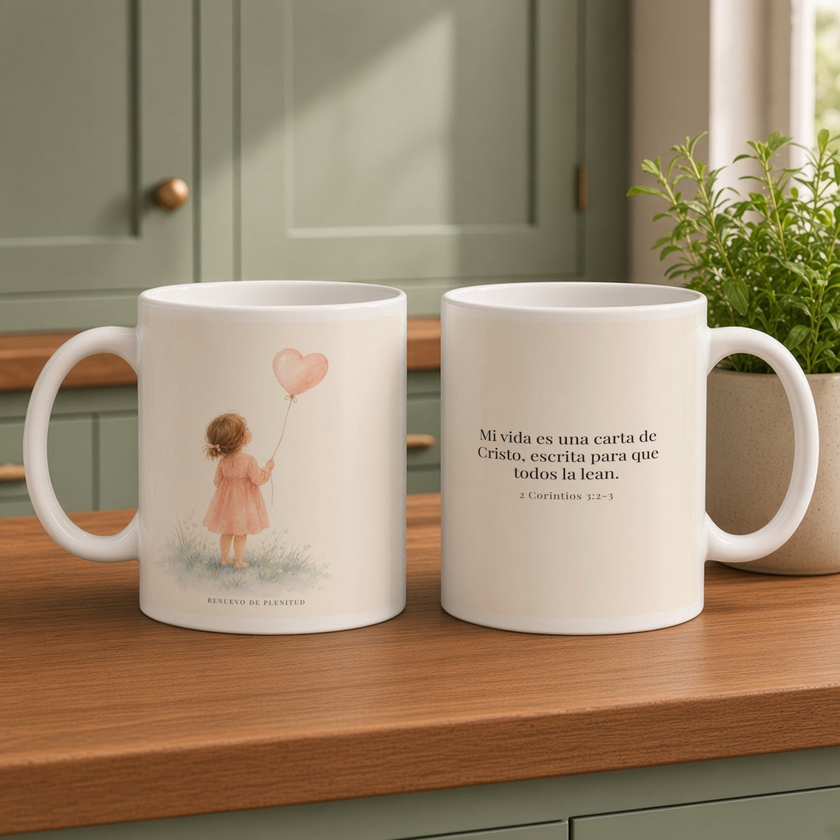 Mi vida es una carta de Cristo | Taza devocional ilustrada | 2 Corintios 3:2-3 — 15oz · Cocina verde salvia, arte y frase devocional en dos tazas