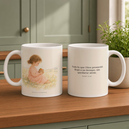 Todo lo que Dios prometió llegó a su tiempo | Taza de fe para cada mañana | Josué 21:45 — 15oz · Cocina verde salvia, arte y frase devocional en dos tazas