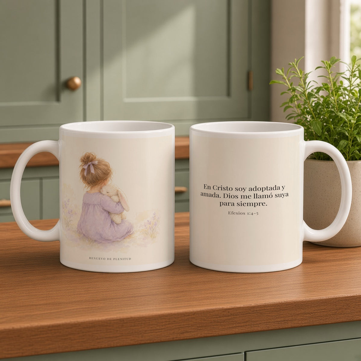 Soy hija amada de Dios en Cristo | Taza bíblica para café | Efesios 1:4-5 — 15oz · Cocina verde salvia, arte y frase devocional en dos tazas