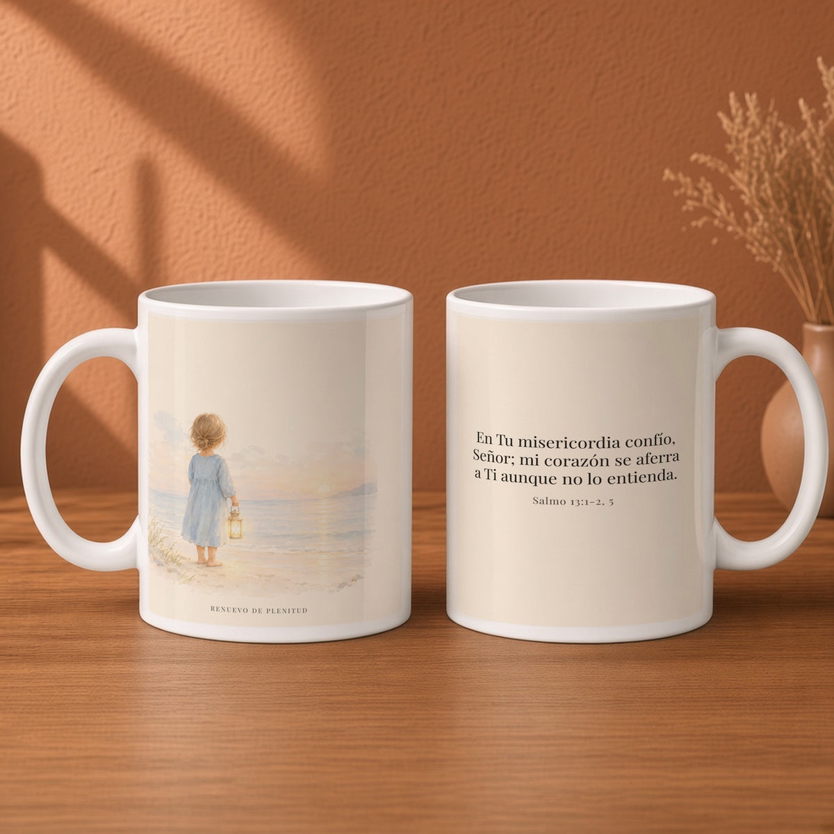 En Tu misericordia confío, Señor | Taza con arte cristiano | Salmo 13:1-2, 5 — 15oz · Desayuno terracota, arte y frase devocional en dos tazas