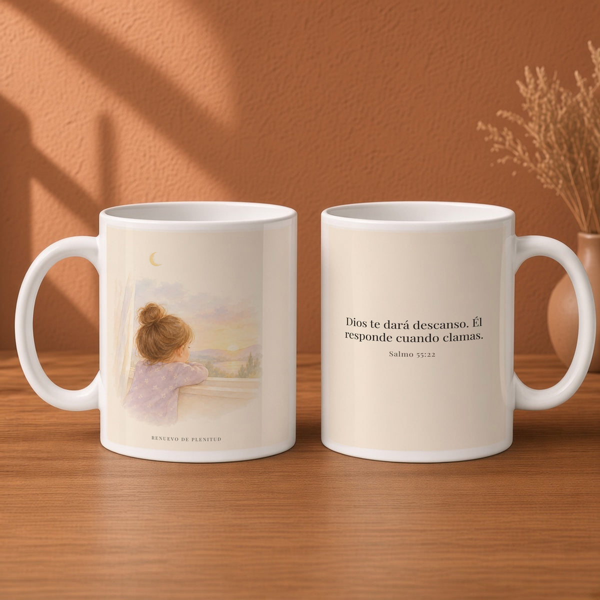 Dios te dará descanso | Taza cristiana para regalar | Salmo 55:22 — 15oz · Desayuno terracota, arte y frase devocional en dos tazas