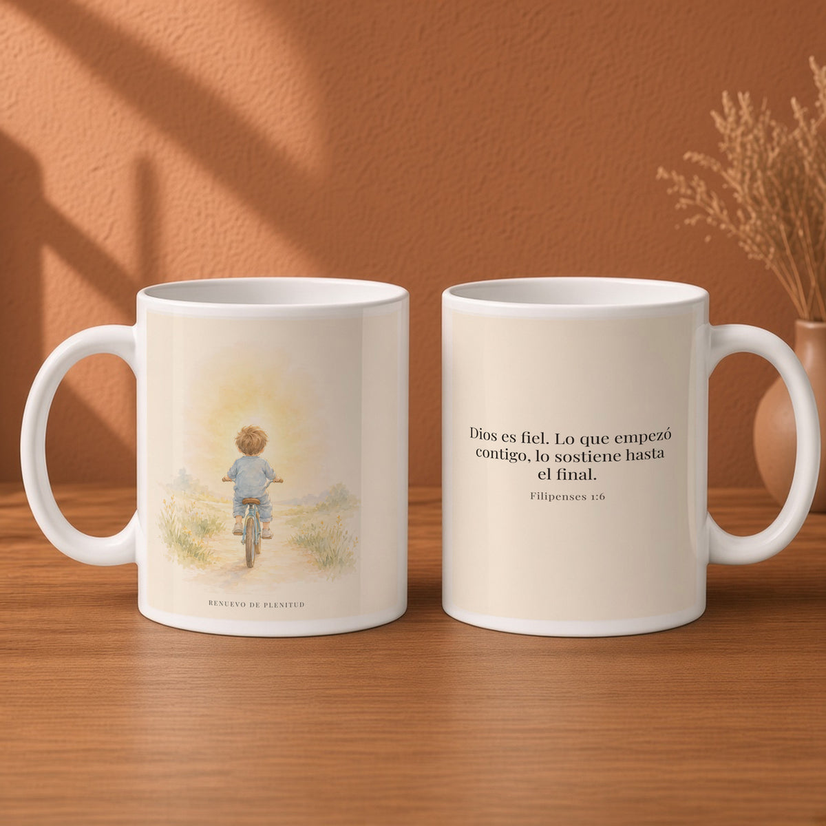 Dios es fiel y no deja a medias lo que promete | Taza bíblica de cerámica | Filipenses 1:6 — 15oz · Desayuno terracota, arte y frase devocional en dos tazas