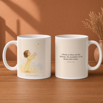El cielo entero da gloria a Dios | Taza de fe para cada mañana | Lucas 2:14 — 15oz · Desayuno terracota, arte y frase devocional en dos tazas
