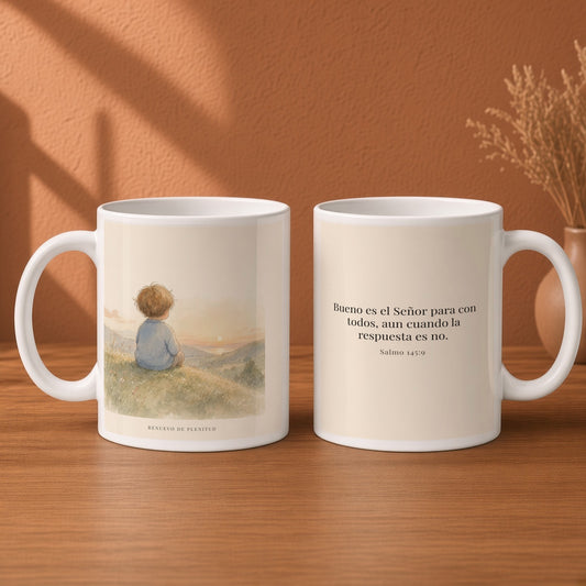 Bueno es Jehová para con todos | Taza de fe para cada mañana | Salmo 145:9 — 15oz · Desayuno terracota, arte y frase devocional en dos tazas