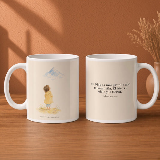 Mi Dios es más grande que mi angustia | Taza de inspiración bíblica | Salmo 121:1-2 — 15oz · Desayuno terracota, arte y frase devocional en dos tazas