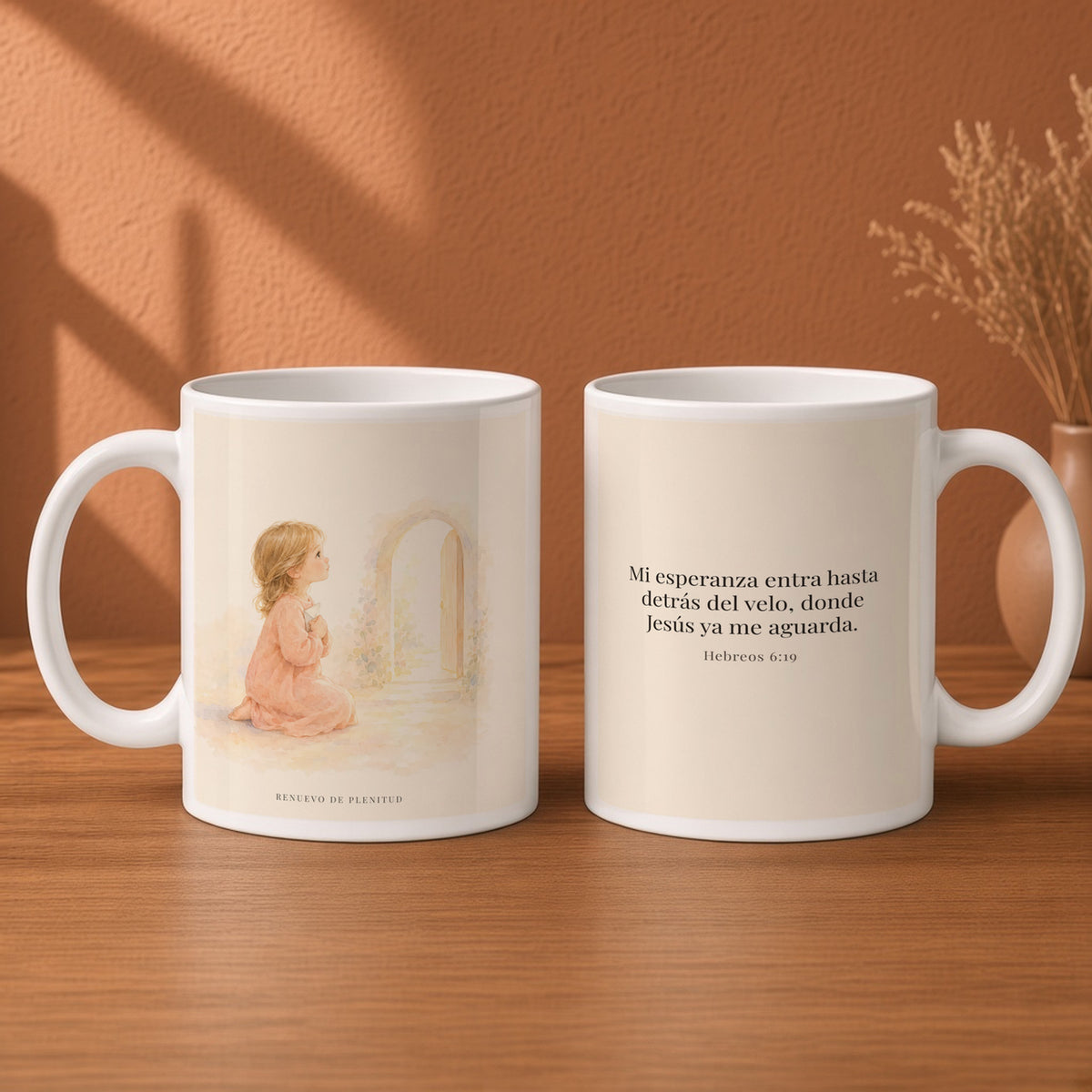 Mi esperanza entra hasta detrás del velo | Taza cristiana para regalar | Hebreos 6:19 — 15oz · Desayuno terracota, arte y frase devocional en dos tazas