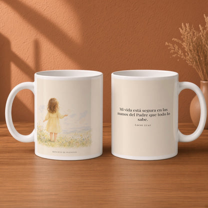 Confío en el Padre que todo lo sabe | Taza devocional ilustrada | Lucas 22:42 — 15oz · Desayuno terracota, arte y frase devocional en dos tazas