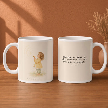 El amigo del esposo se alegra | Taza bíblica de cerámica | Juan 3:29 — 15oz · Desayuno terracota, arte y frase devocional en dos tazas