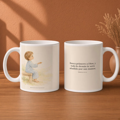 Todo lo demás os será añadido | Taza bíblica de cerámica | Mateo 6:33 — 15oz · Desayuno terracota, arte y frase devocional en dos tazas