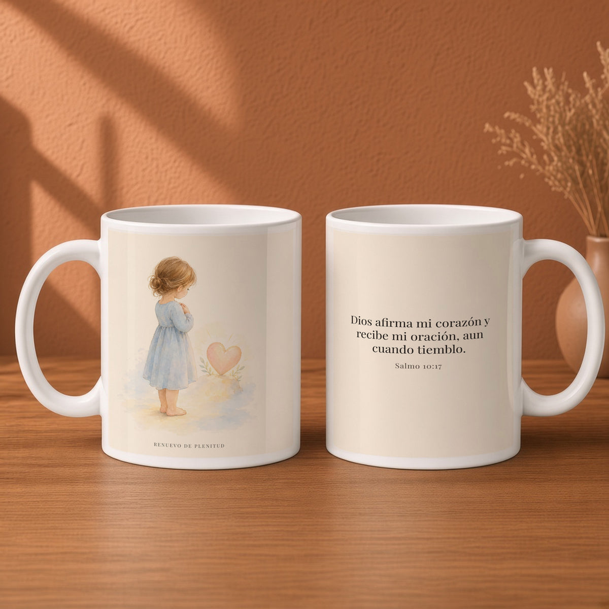 Dios dispone mi corazón cuando oro | Taza de inspiración bíblica | Salmo 10:17 — 15oz · Desayuno terracota, arte y frase devocional en dos tazas