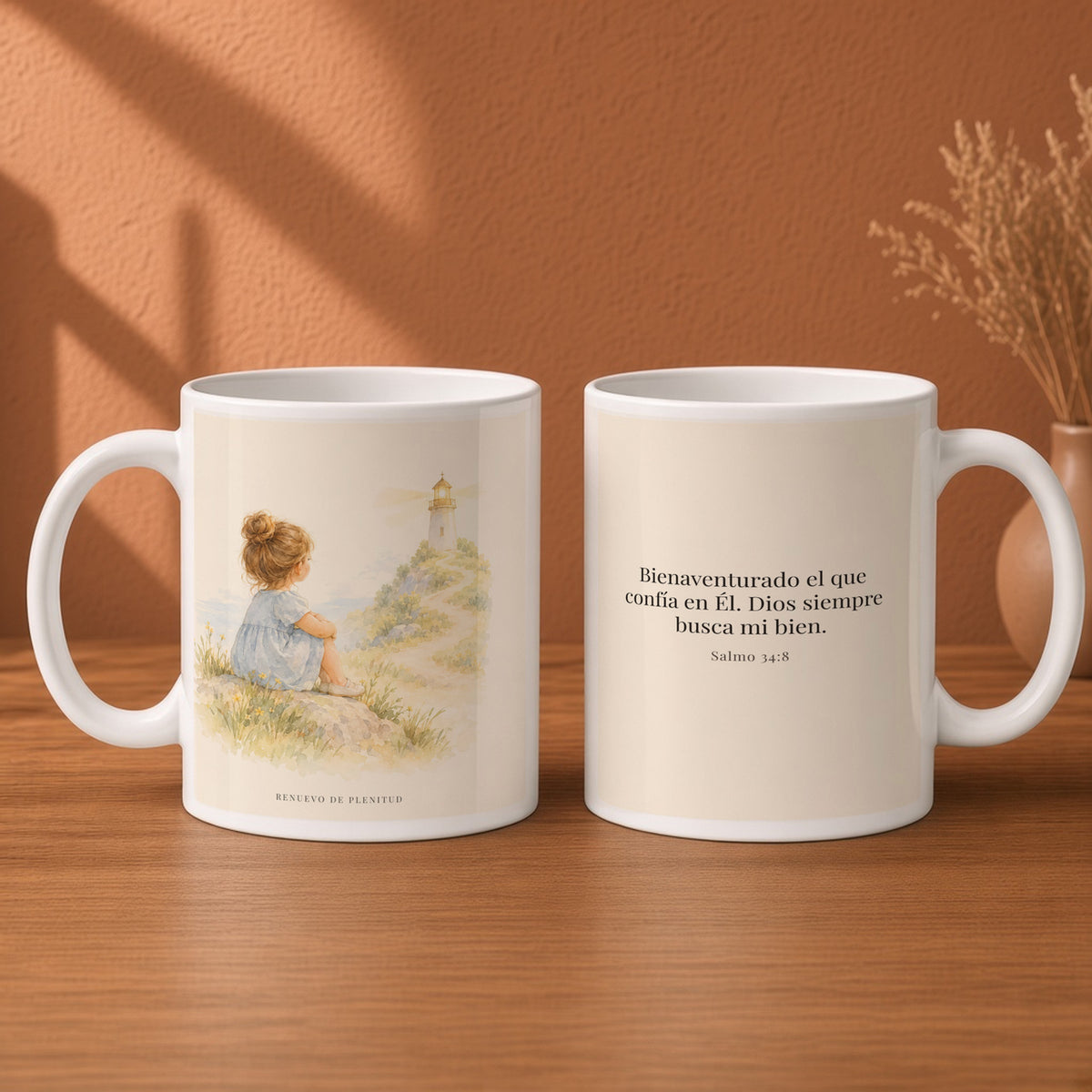 Bienaventurado el que confía en Él | Taza de fe para cada mañana | Salmo 34:8 — 15oz · Desayuno terracota, arte y frase devocional en dos tazas