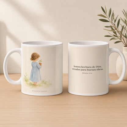 Somos hechura de Dios para buenas obras | Taza de inspiración bíblica | Efesios 2:10 — 15oz · Estudio crema cálido, arte y frase devocional en dos tazas