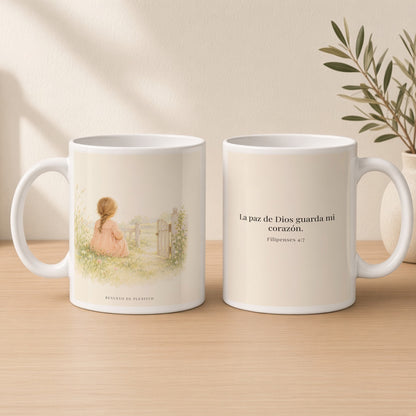La paz de Dios guardará mi corazón | Taza devocional de fe | Filipenses 4:7 — 15oz · Estudio crema cálido, arte y frase devocional en dos tazas