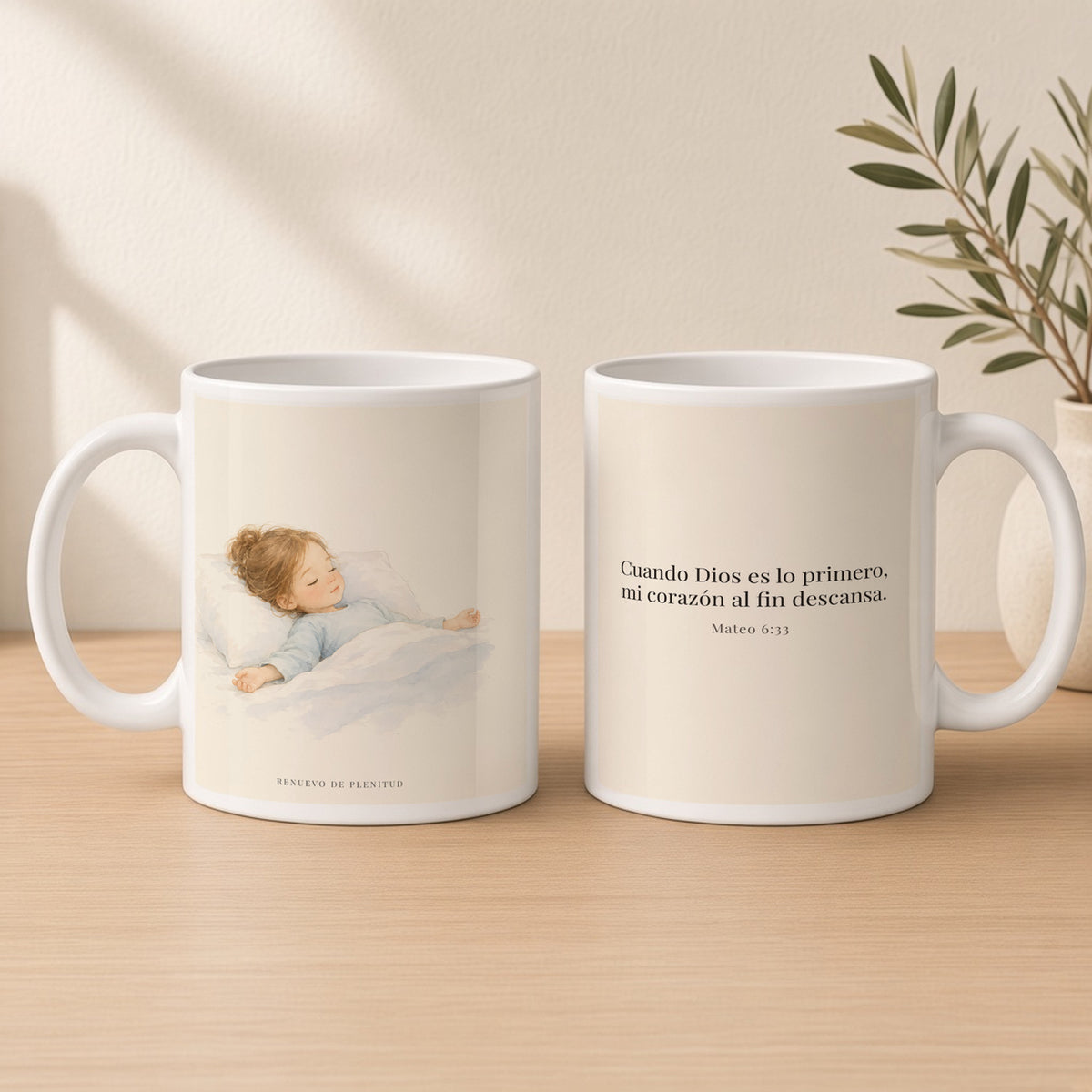 En Dios mi corazón descansa | Taza cristiana para regalar | Mateo 6:33 — 15oz · Estudio crema cálido, arte y frase devocional en dos tazas