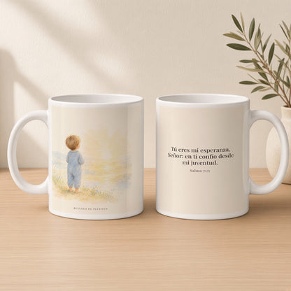 Tú eres mi esperanza, Señor | Taza de inspiración bíblica | Salmo 71:5 — 15oz · Estudio crema cálido, arte y frase devocional en dos tazas