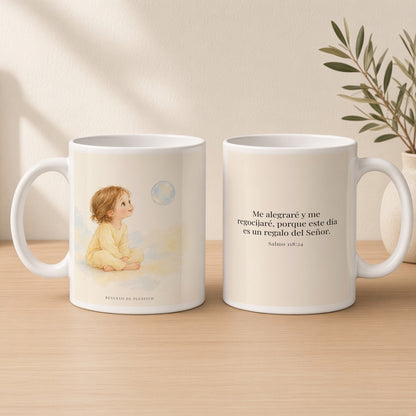 En este día me regocijaré en el Señor | Taza con arte cristiano | Salmo 118:24 — 15oz · Estudio crema cálido, arte y frase devocional en dos tazas