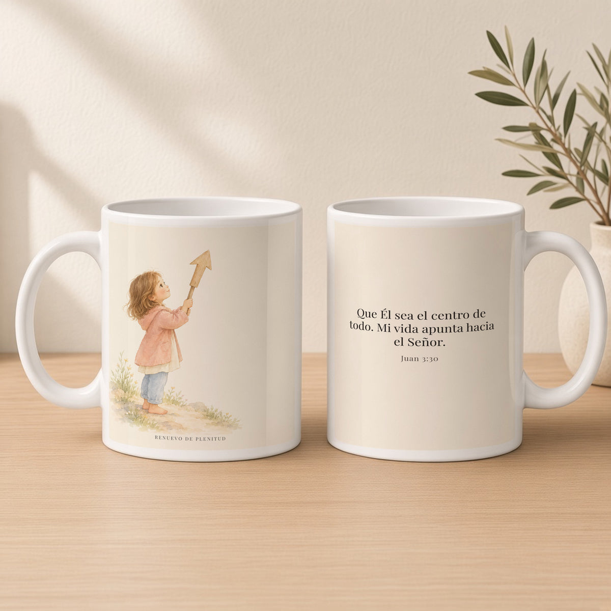 Que Él sea el centro de todo | Taza cristiana en dos tamaños | Juan 3:30 — 15oz · Estudio crema cálido, arte y frase devocional en dos tazas