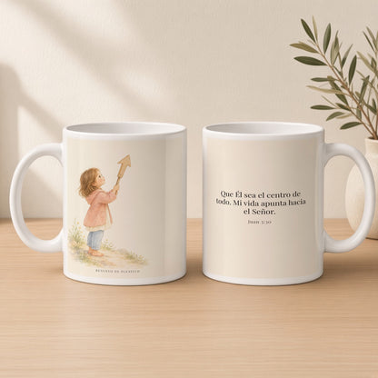 Que Él sea el centro de todo | Taza cristiana en dos tamaños | Juan 3:30 — 15oz · Estudio crema cálido, arte y frase devocional en dos tazas