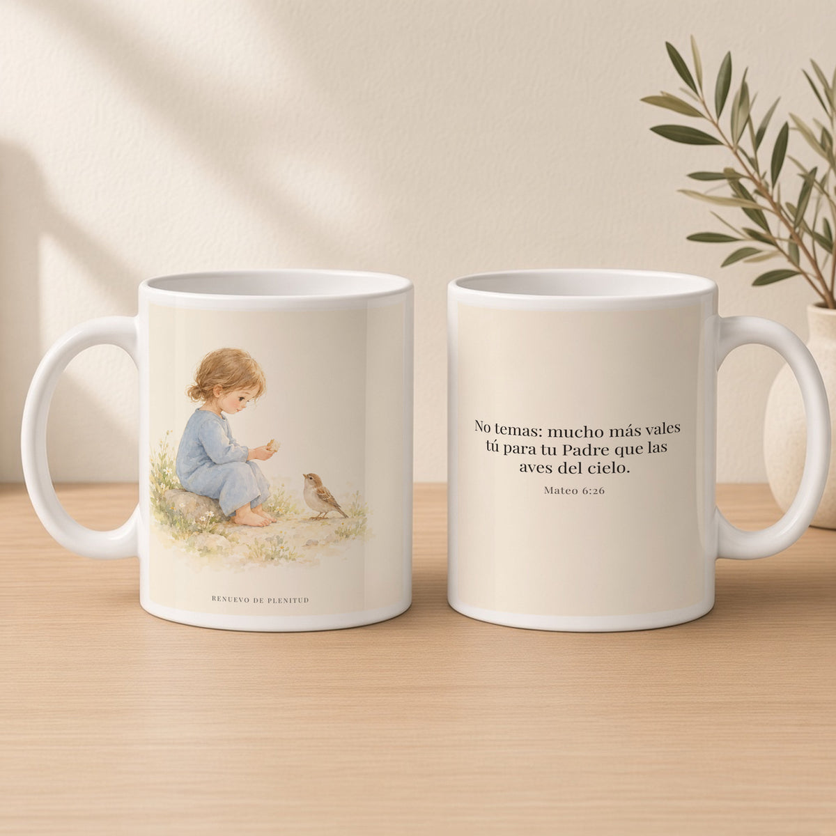 Mucho más valéis vosotros que las aves | Taza cristiana para regalar | Mateo 6:26 — 15oz · Estudio crema cálido, arte y frase devocional en dos tazas