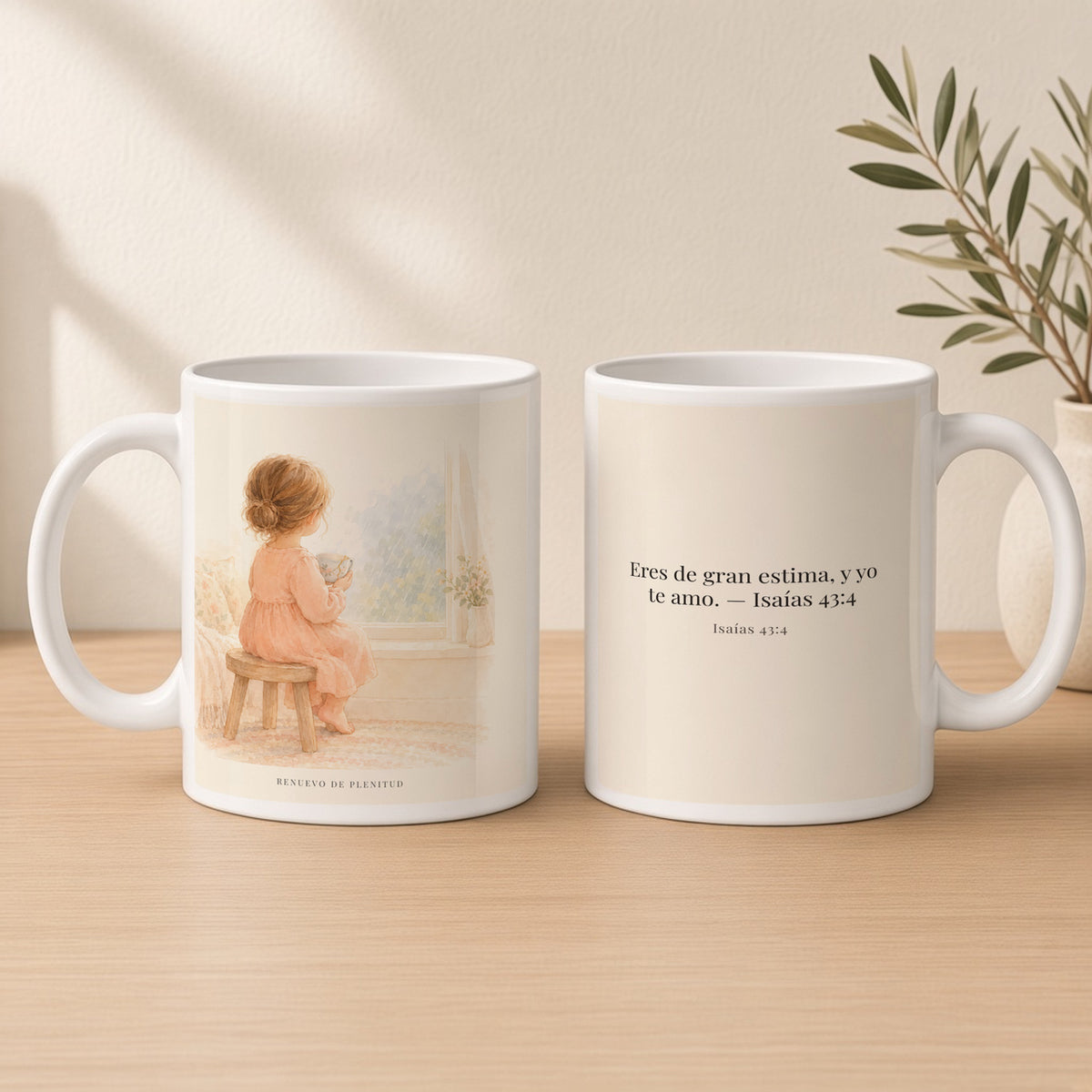 Serás precioso a los ojos de Dios | Taza bíblica de cerámica | Isaías 43:4 — 15oz · Estudio crema cálido, arte y frase devocional en dos tazas
