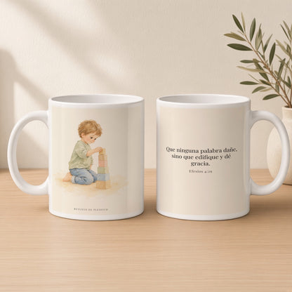 Que mis labios edifiquen | Taza cristiana para regalar | Efesios 4:29 — 15oz · Estudio crema cálido, arte y frase devocional en dos tazas