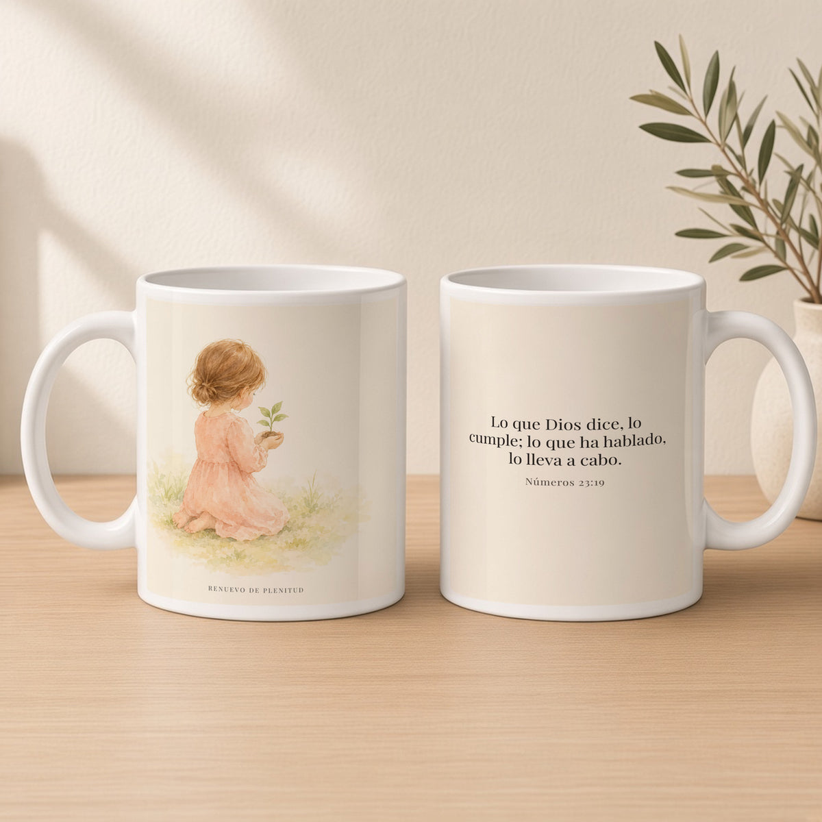 Lo que Dios dice, lo hace | Taza bíblica de cerámica | Números 23:19 — 15oz · Estudio crema cálido, arte y frase devocional en dos tazas