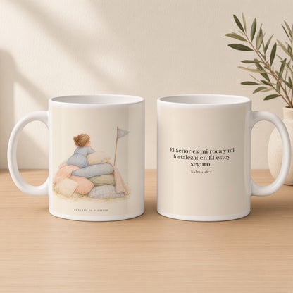 Jehová es mi roca y mi fortaleza | Taza con arte cristiano | Salmo 18:2 — 15oz · Estudio crema cálido, arte y frase devocional en dos tazas