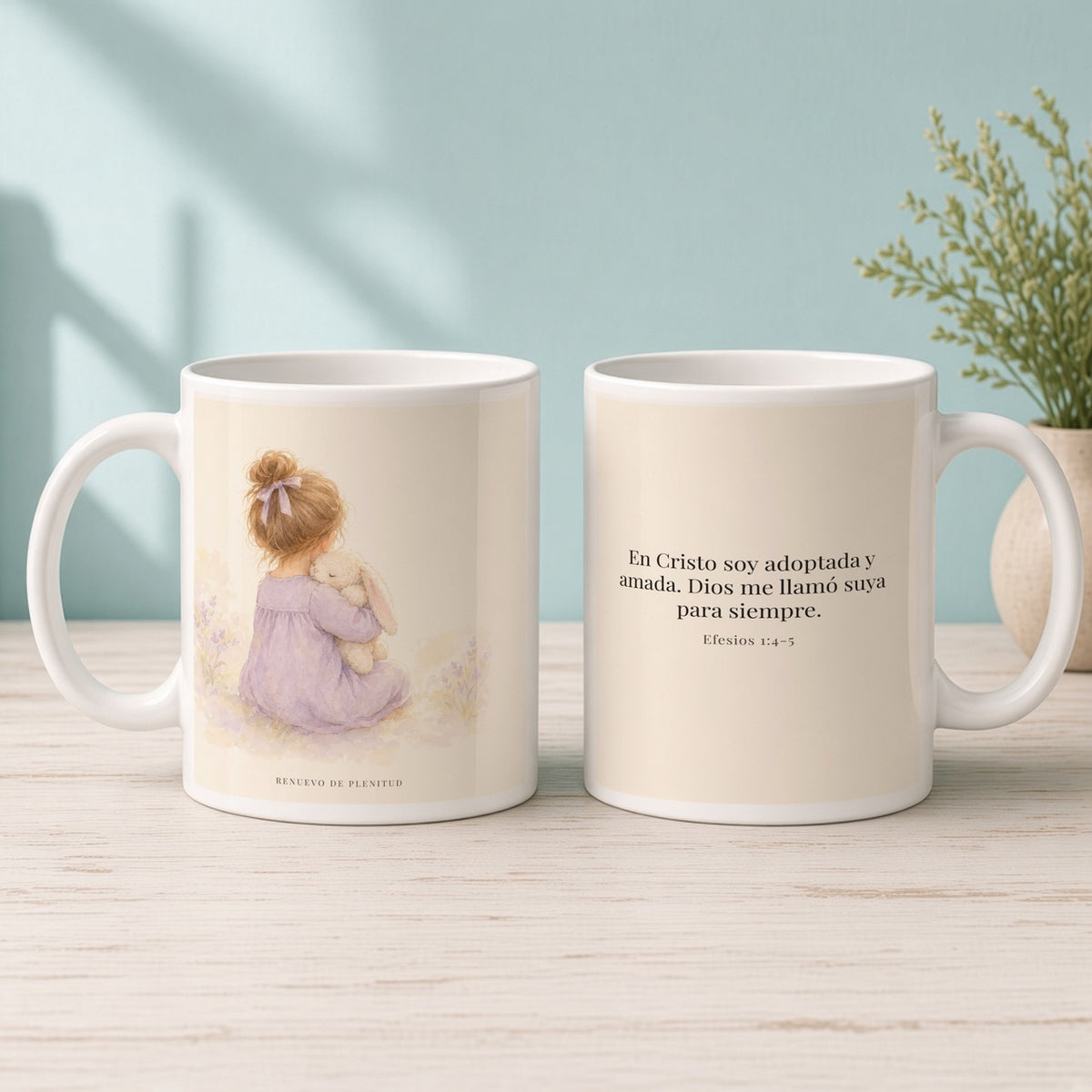 Soy hija amada de Dios en Cristo | Taza bíblica para café | Efesios 1:4-5 — 15oz · Mañana aqua, arte y frase devocional en dos tazas