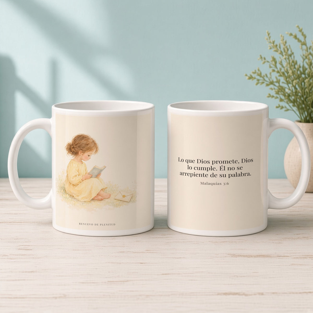 Jehová es el Dios que mantiene su palabra | Taza cristiana con frase devocional | Malaquías 3:6 — 15oz · Mañana aqua, arte y frase devocional en dos tazas