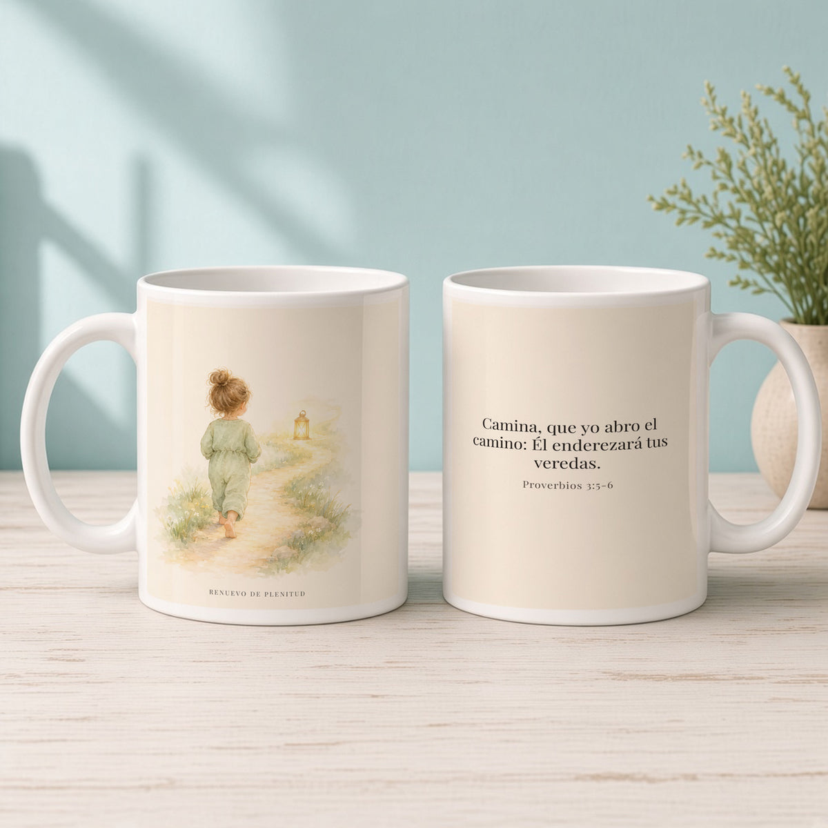 Él enderezará tus veredas | Taza bíblica de cerámica | Proverbios 3:5-6 — 15oz · Mañana aqua, arte y frase devocional en dos tazas