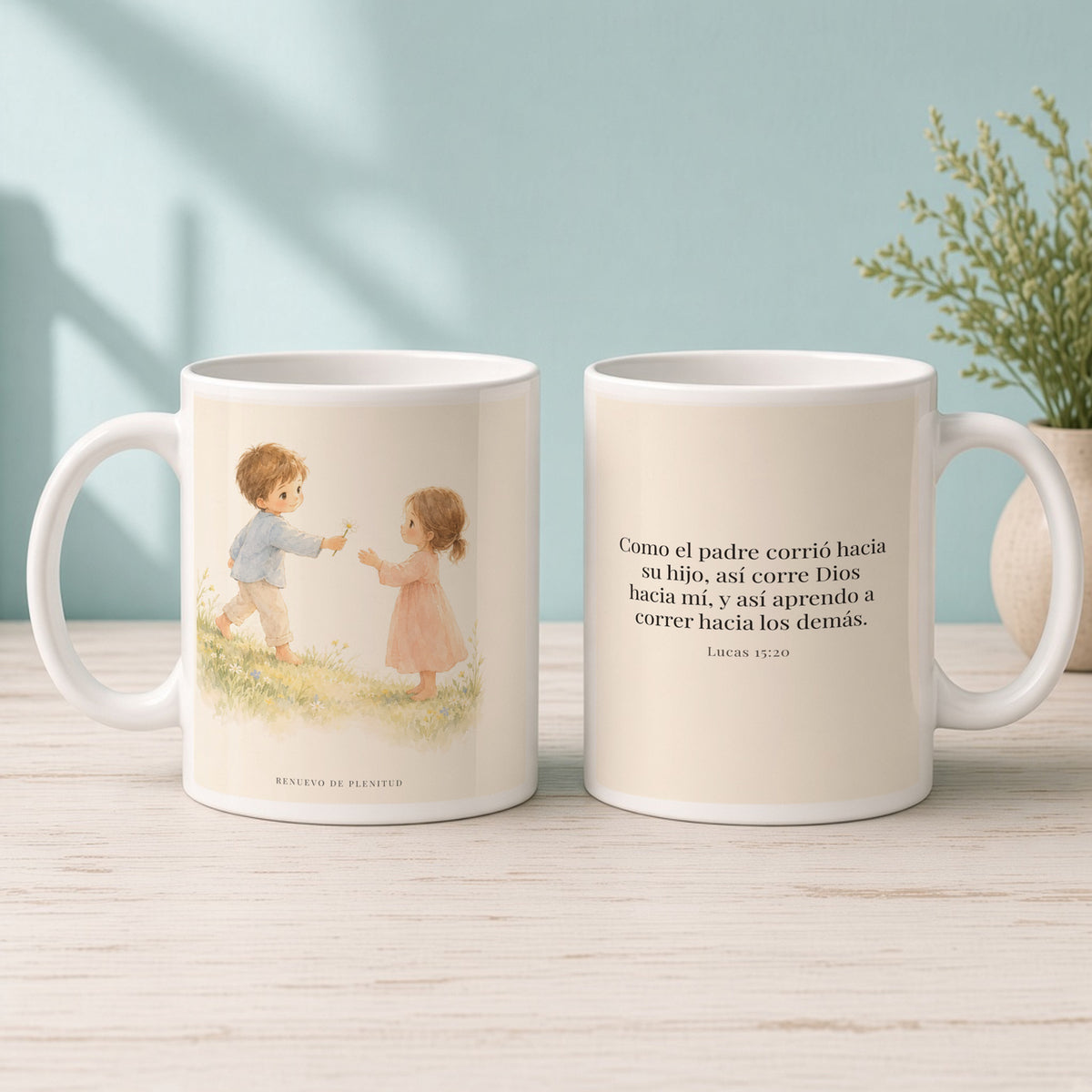 El Padre corre a mi encuentro | Taza con arte cristiano | Lucas 15:20 — 15oz · Mañana aqua, arte y frase devocional en dos tazas