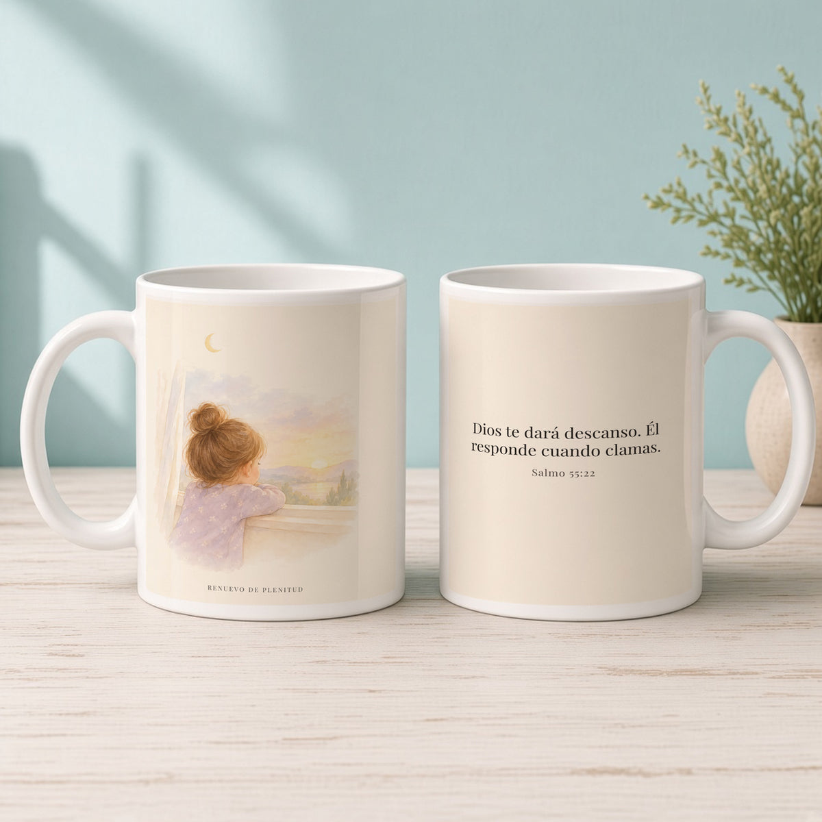 Dios te dará descanso | Taza cristiana para regalar | Salmo 55:22 — 15oz · Mañana aqua, arte y frase devocional en dos tazas