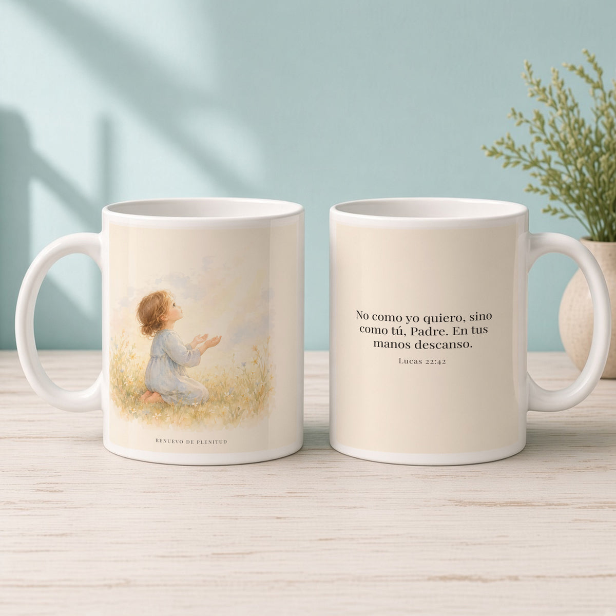 Hágase tu voluntad, Padre | Taza de fe para cada mañana | Lucas 22:42 — 15oz · Mañana aqua, arte y frase devocional en dos tazas