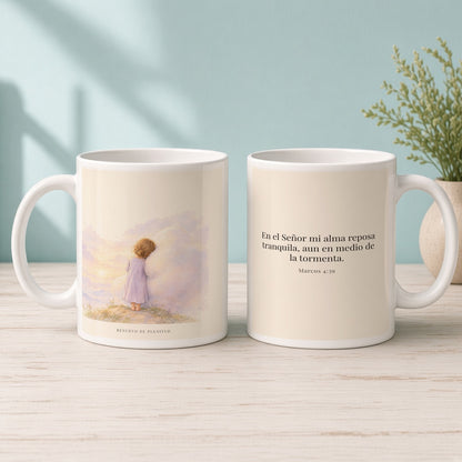 En el Señor mi alma reposa tranquila | Taza cristiana con frase devocional | Marcos 4:39 — 15oz · Mañana aqua, arte y frase devocional en dos tazas
