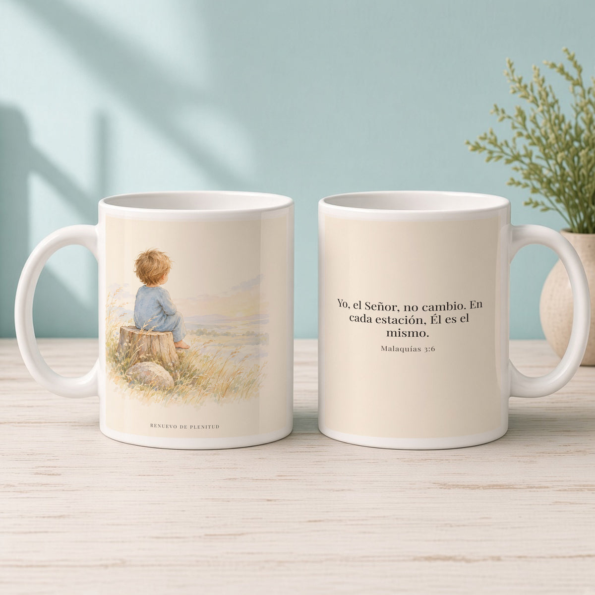Yo, Jehová, no cambio | Taza devocional de fe | Malaquías 3:6 — 15oz · Mañana aqua, arte y frase devocional en dos tazas