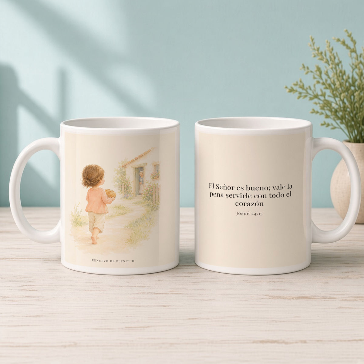 El Señor es bueno con quien lo sirve | Taza cristiana con frase devocional | Josué 24:15 — 15oz · Mañana aqua, arte y frase devocional en dos tazas