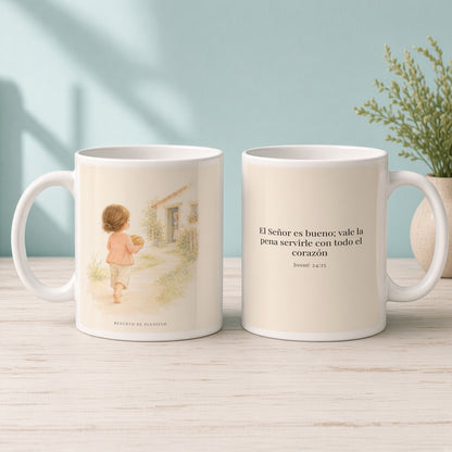 El Señor es bueno con quien lo sirve | Taza cristiana con frase devocional | Josué 24:15 — 15oz · Mañana aqua, arte y frase devocional en dos tazas